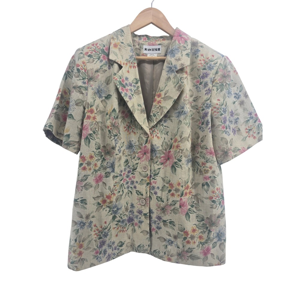 Joan Leslie Blazer Womens 18W Floral Beige Short Sleeve Linen Blend EUC